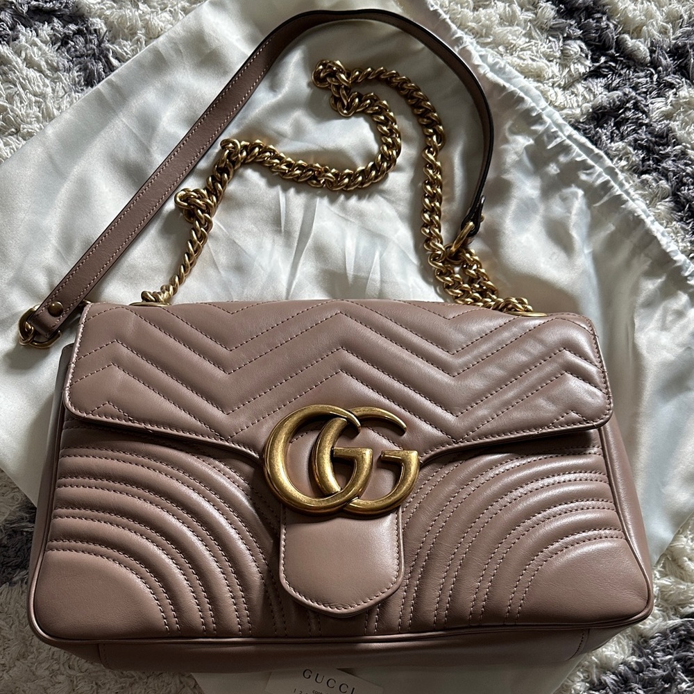 Gucci Taupe Leather Shoulder Bag with Gold Chain